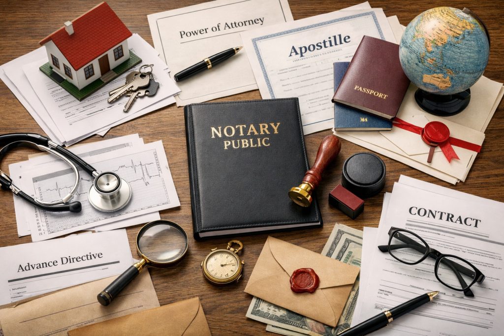 Notary checklist showing real estate, power of attorney, apostille, medical, and business documents