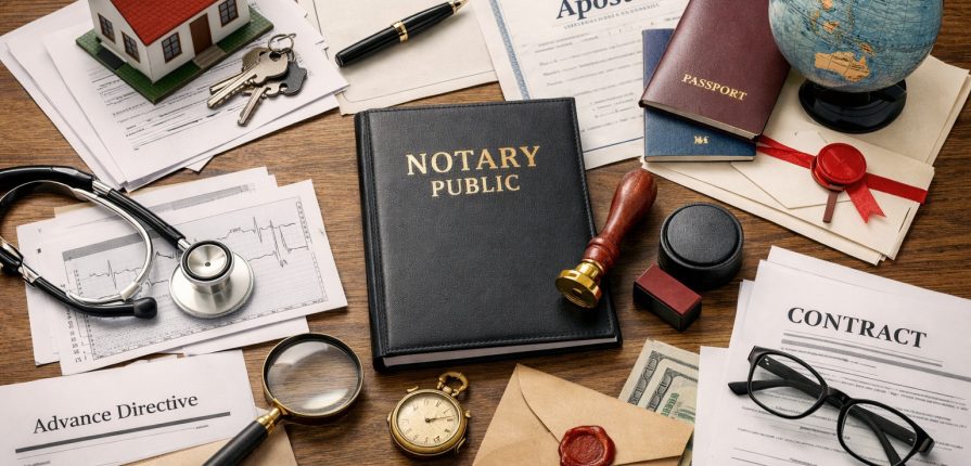 Notary checklist showing real estate, power of attorney, apostille, medical, and business documents