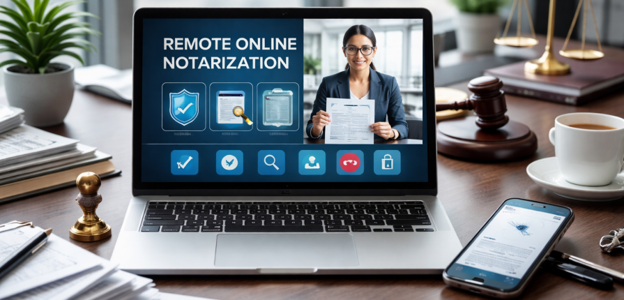 Professional remote online notarization session showing a notary on video call with digital documents, electronic signature tools, and legal office setup.